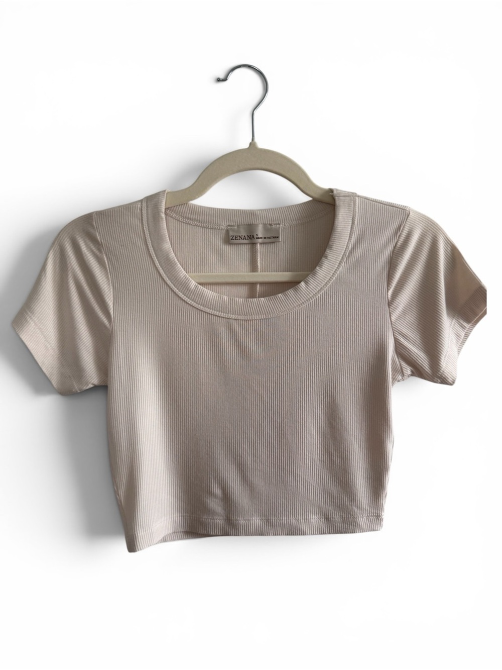 Ribbed Short Sleeve Crop Top in Sand Beige